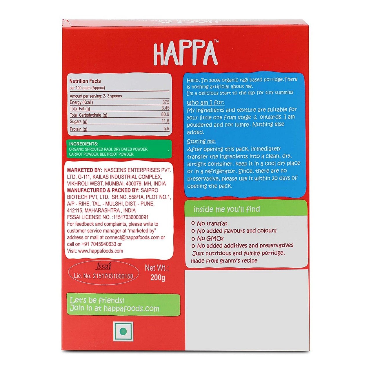 Organic Sprouted Ragi, Carrot and Beetroot Porridge Mix, 200g