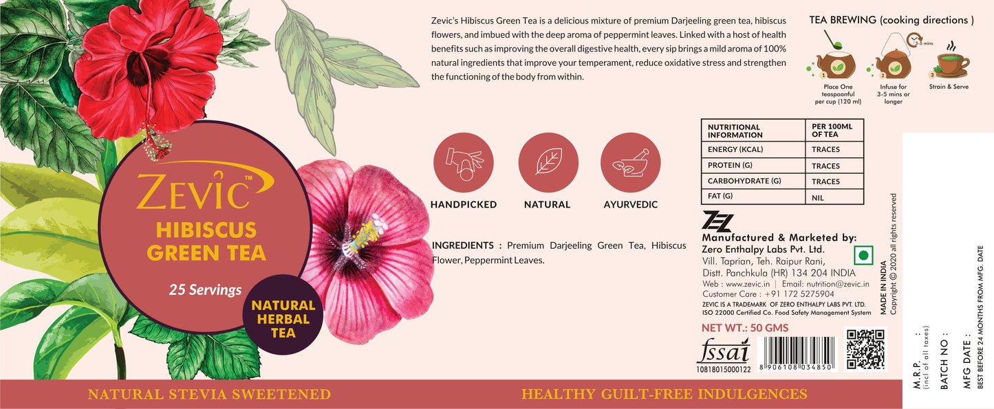 Zevic Hibiscus Herbal Green Tea with Peppermint 50 gm - 25 Servings