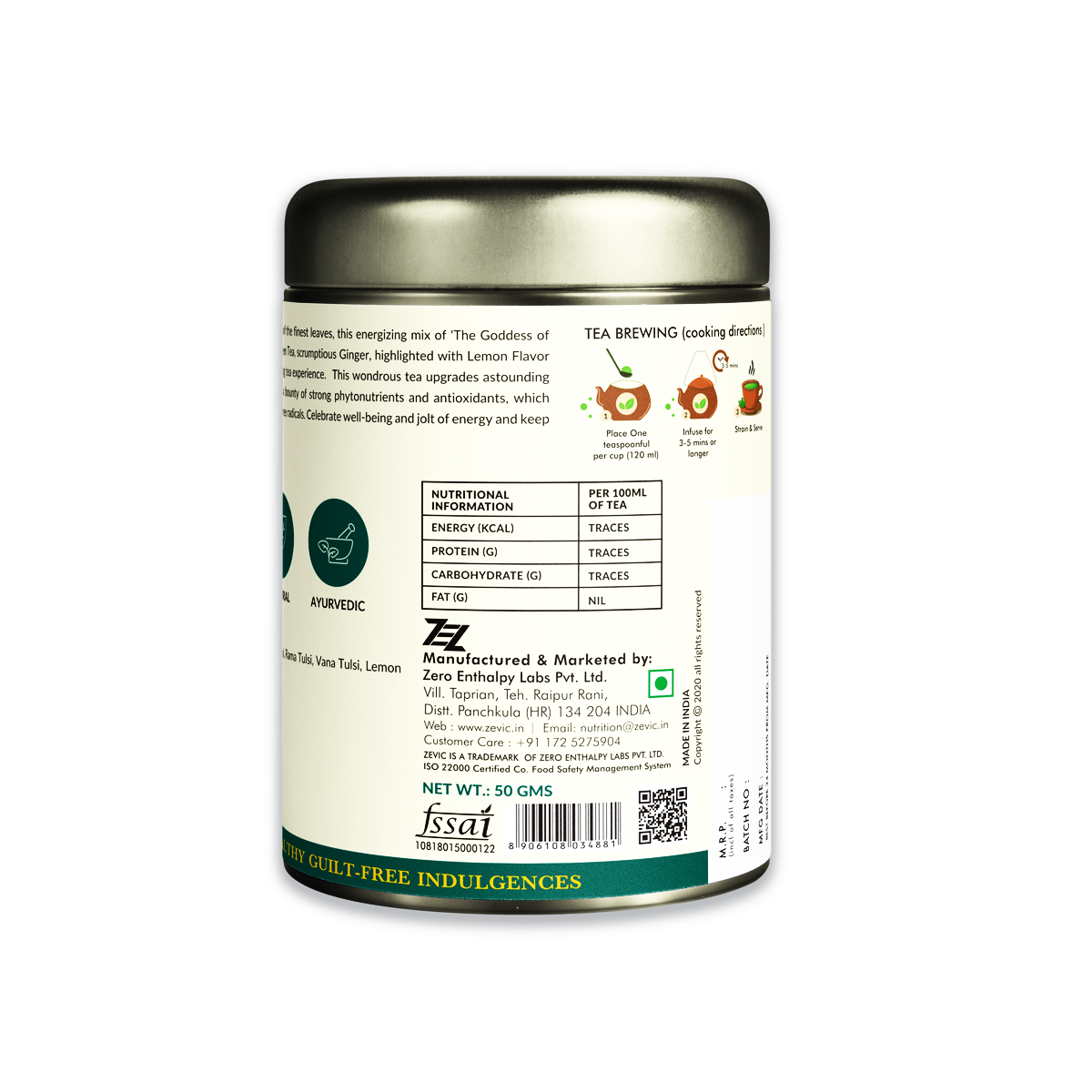 Zevic Ginger Tulsi Herbal Calming Tea 50 gm - 25 Servings