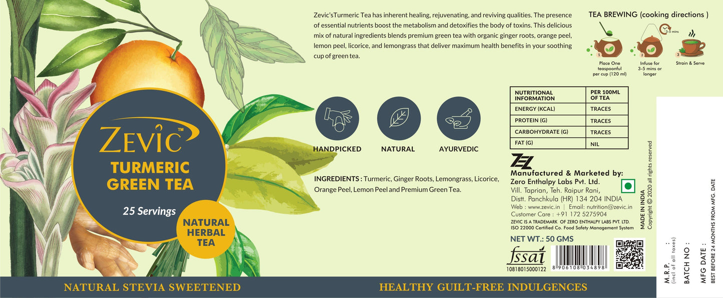 Zevic Turmeric Herbal Green Tea with Turmeric, Orange Peel & Lemon Grass 50 gm - 25 Servings