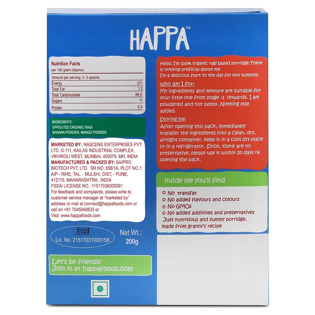 Organic Sprouted Ragi, Mango and Banana Porridge Mix, 200g