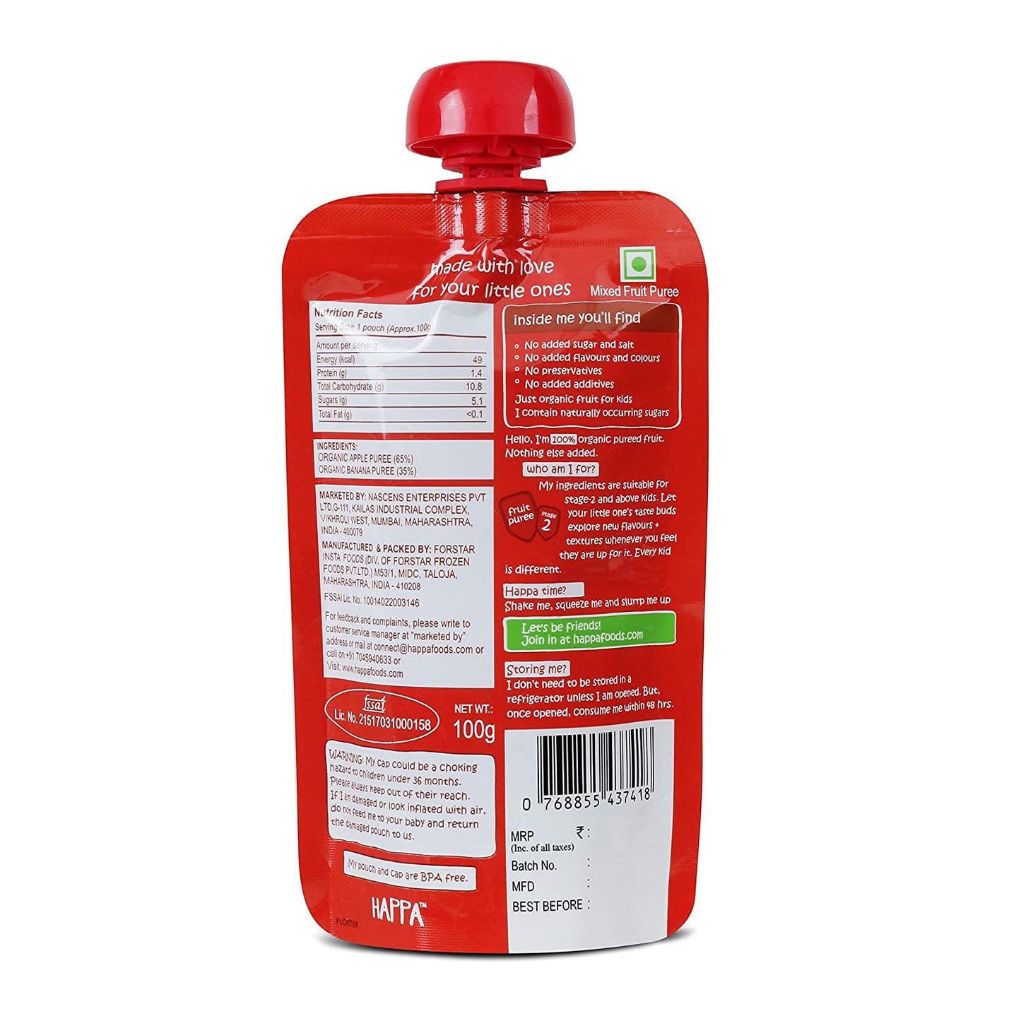 Organic Apple & Banana Fruit Puree, 100g