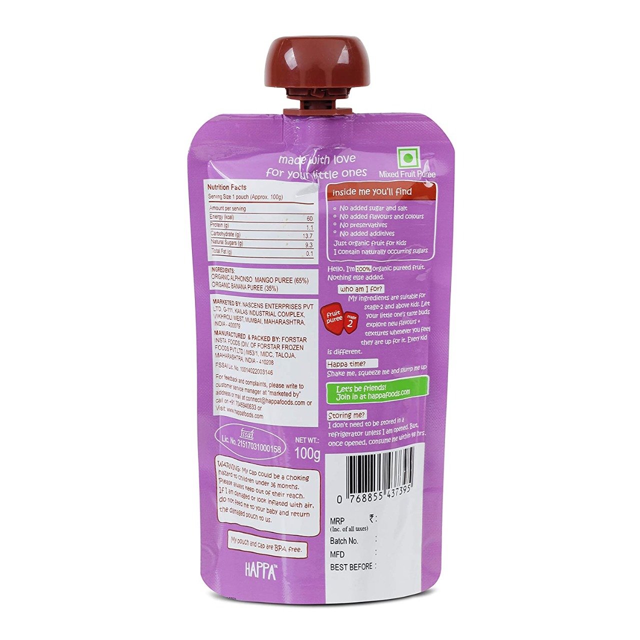 Organic Mango & Banana Fruit Puree, 100g