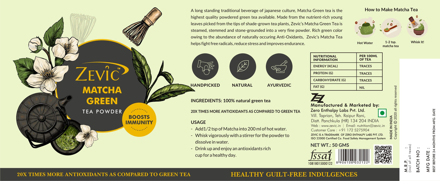 Zevic 100% Natural Matcha Green Tea, 50 gm