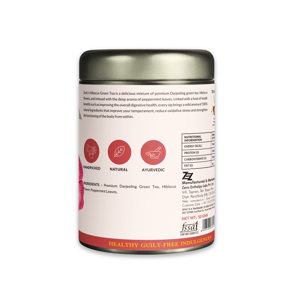 Zevic Hibiscus Herbal Green Tea with Peppermint 50 gm - 25 Servings