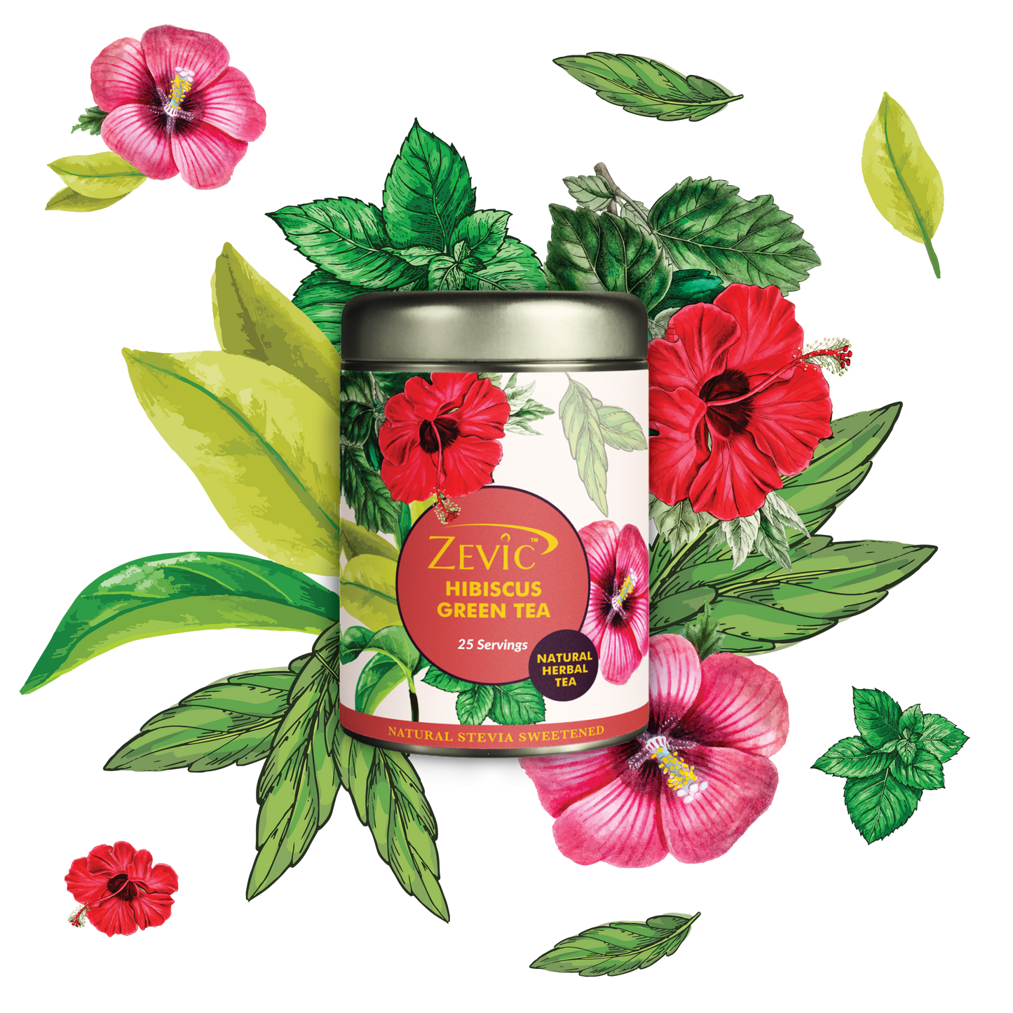 Zevic Hibiscus Herbal Green Tea with Peppermint 50 gm - 25 Servings