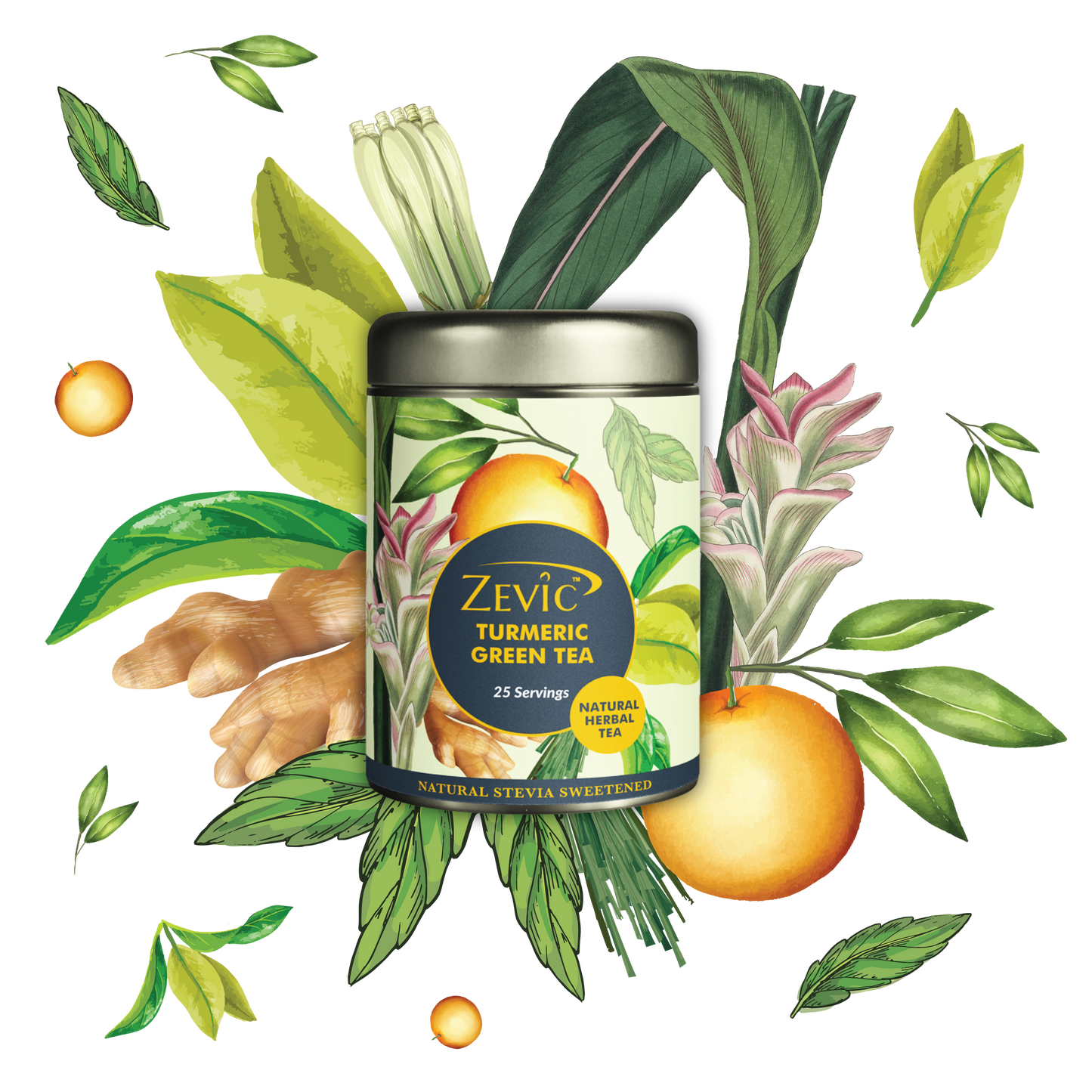 Zevic Turmeric Herbal Green Tea with Turmeric, Orange Peel & Lemon Grass 50 gm - 25 Servings